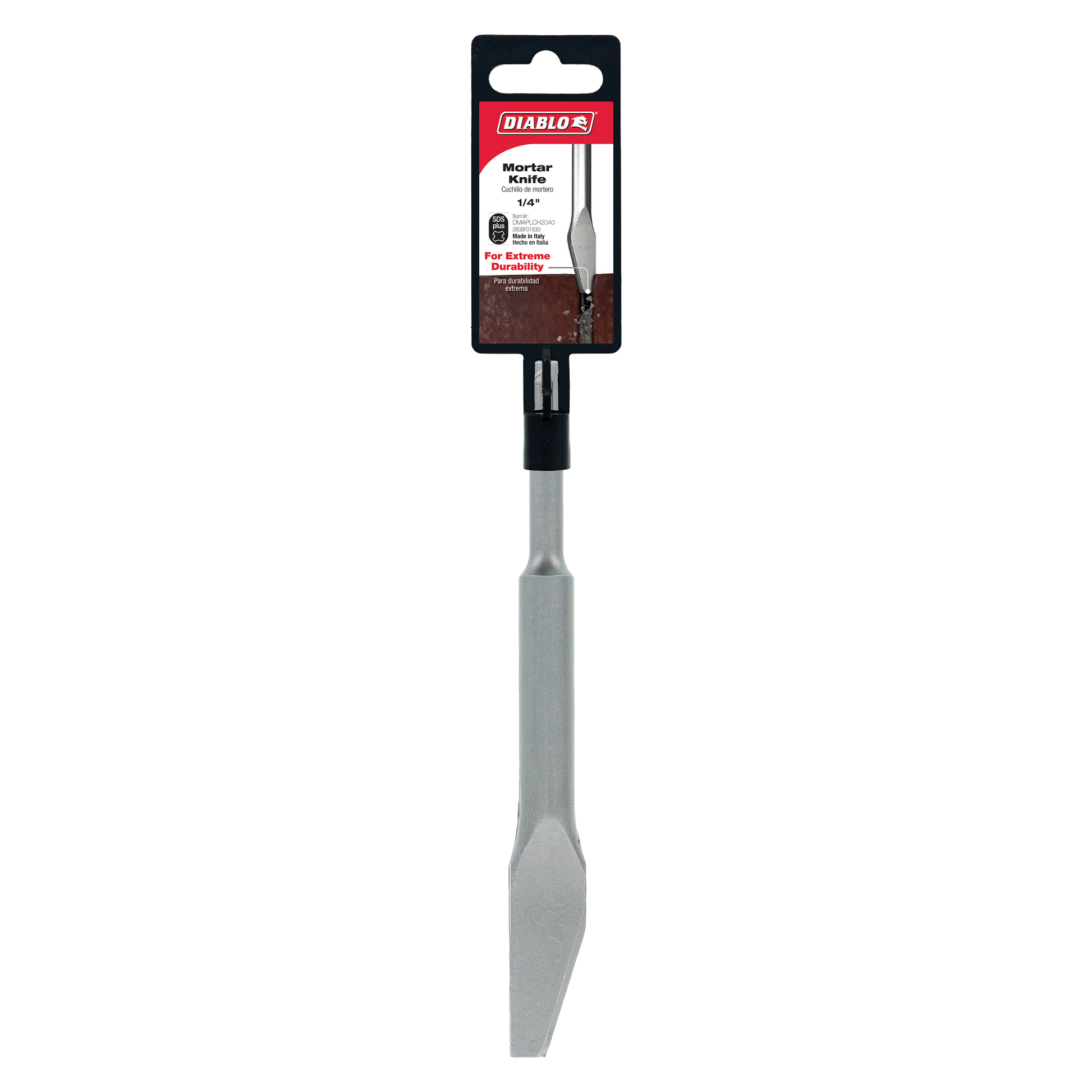 Diablo 1/4 inch SDS-Plus mortar knife with gray metal blade and black grip attached to red and black packaging.