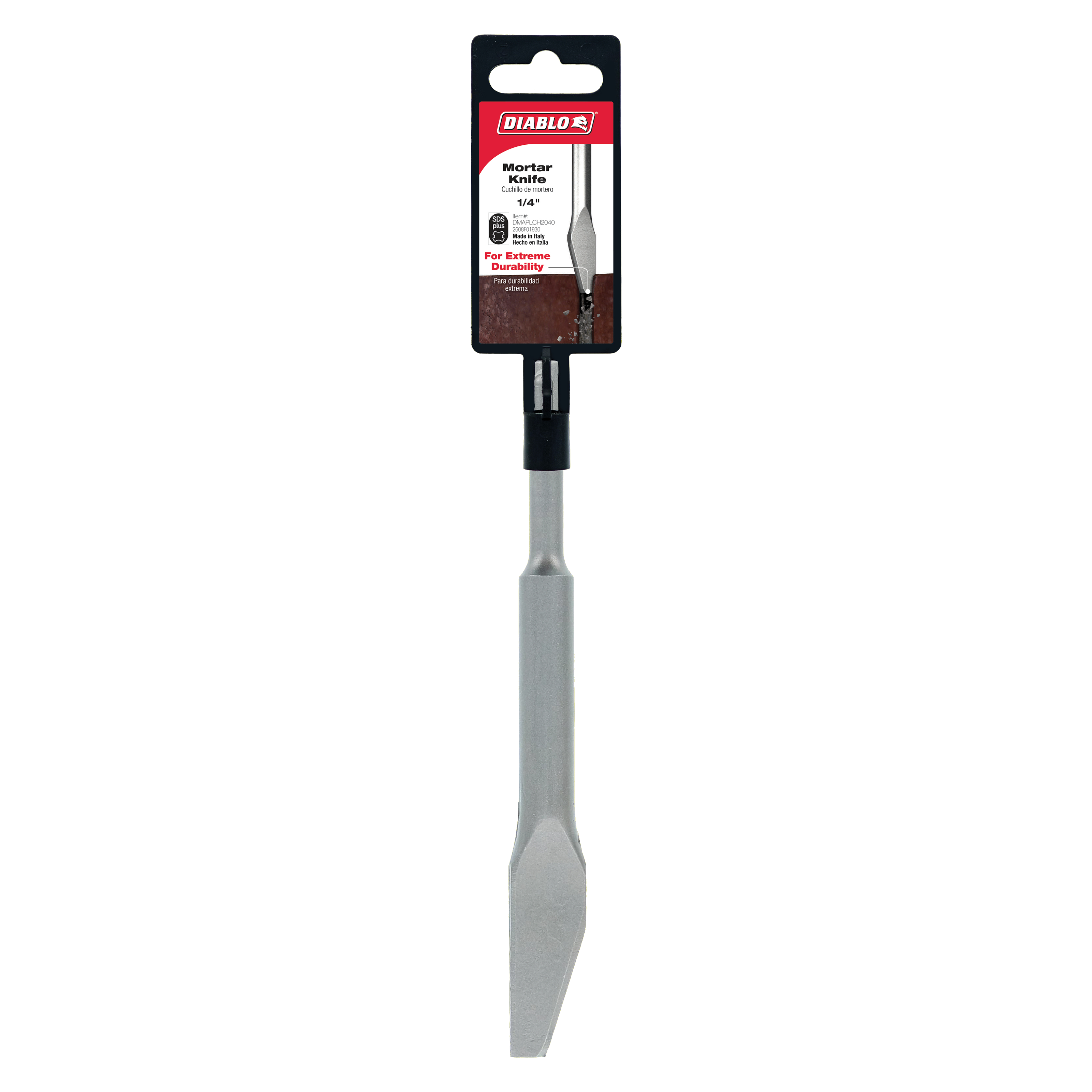 Diablo 1/4 inch SDS-Plus mortar knife with gray metal blade and black grip attached to red and black packaging.
