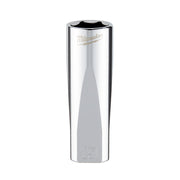 Milwaukee chrome socket with 6-point opening and 15mm marking on hexagonal body.