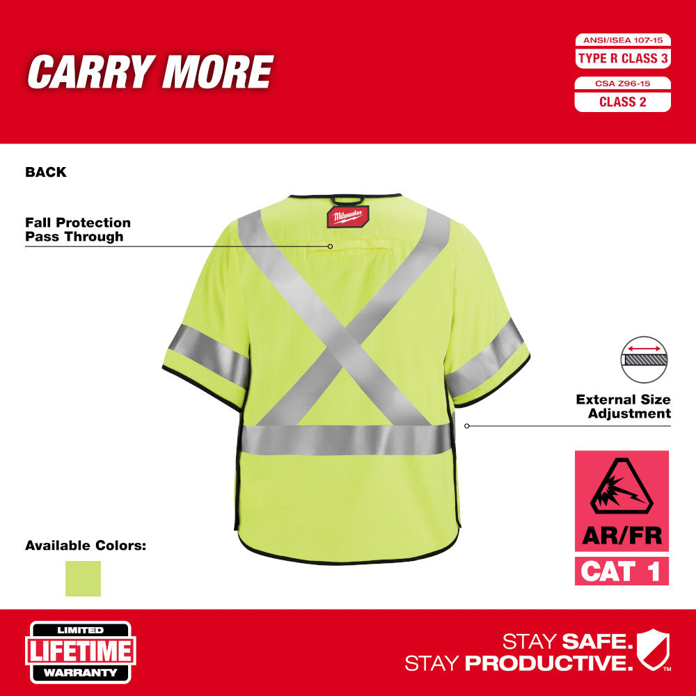 Yellow high-visibility safety vest with reflective X-back and arm stripes, black trim, and Milwaukee logo label.