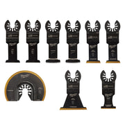 Nine black and gold Milwaukee OPEN-LOK multi-tool blades of varying widths and one circular saw blade displayed against white