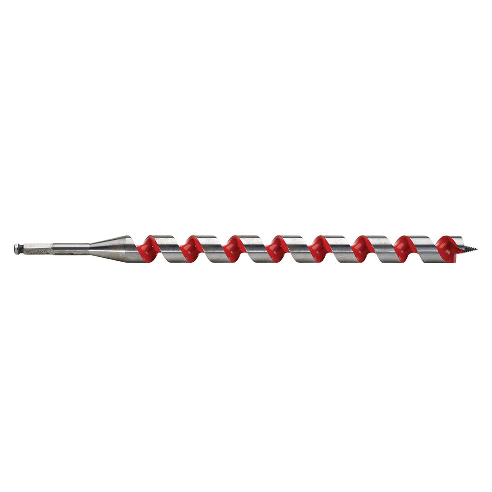 Milwaukee ship auger bit with red and gray spiral flutes and pointed tip for drilling.