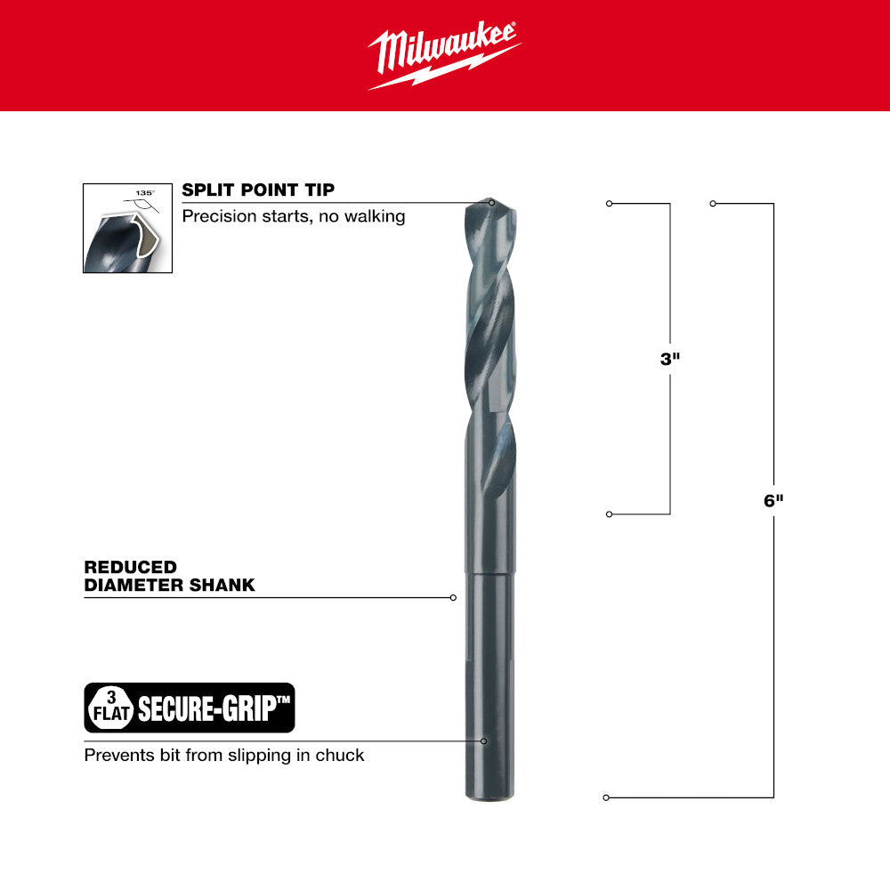 Black oxide drill bit with split point tip, reduced diameter shank, and secure-grip feature for chuck stability.