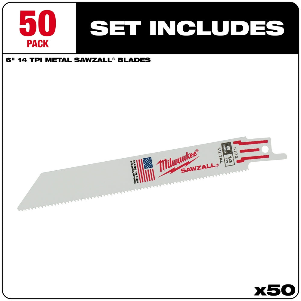 Milwaukee SAWZALL 6 inch metal cutting blade with 14 teeth per inch, shown as part of a 50-pack set.