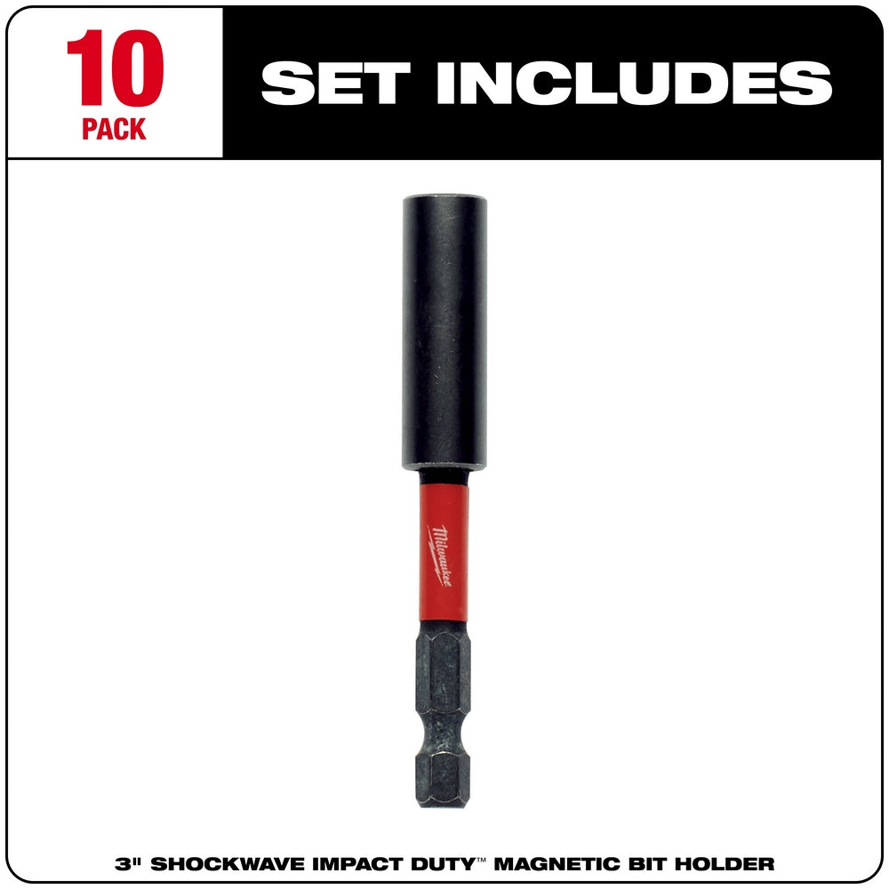 Black and red Milwaukee Shockwave magnetic bit holder with 3-inch length and hex-shaped lower end.