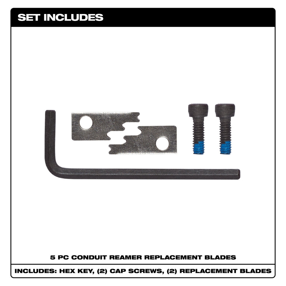 Five-piece conduit reamer replacement blade set including hex key, two cap screws, and two metal blades with serrated edges.