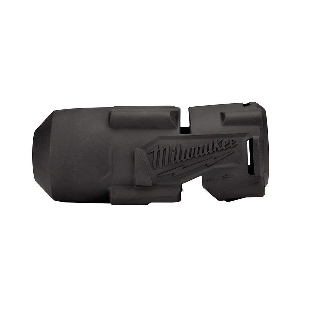Black Milwaukee M18 HTIW protective boot with cylindrical and angular molded sections and Milwaukee branding on side.