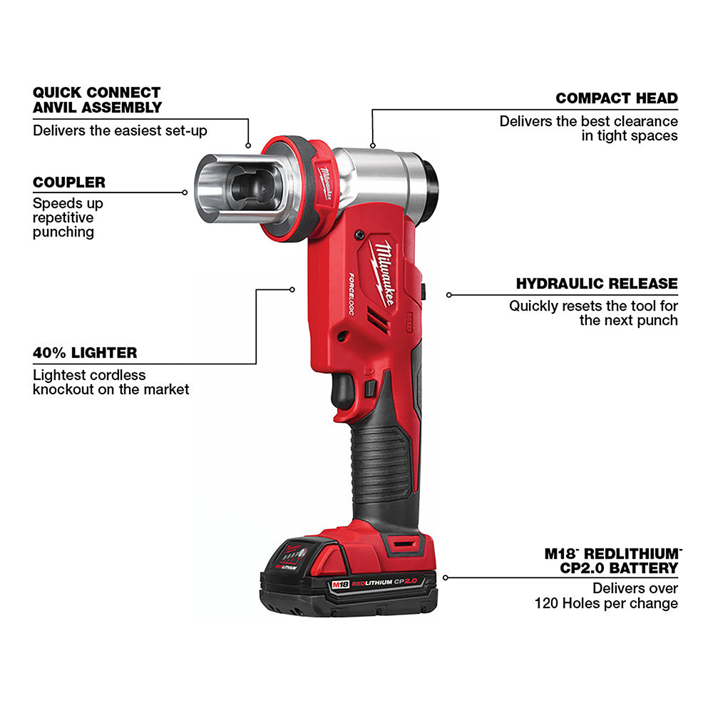 Milwaukee M18 FORCE LOGIC 6T knockout tool with red and black housing, compact head, quick connect anvil assembly, and CP2.0 