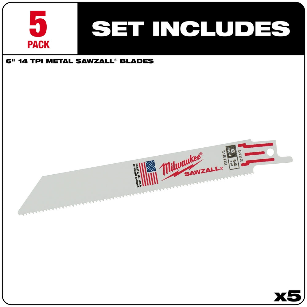 Five Milwaukee SAWZALL 6-inch metal reciprocating saw blades with 14 teeth per inch and red and white packaging labels.