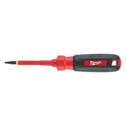 Milwaukee insulated screwdriver with red shaft, black handle, and square tip for electrical work.