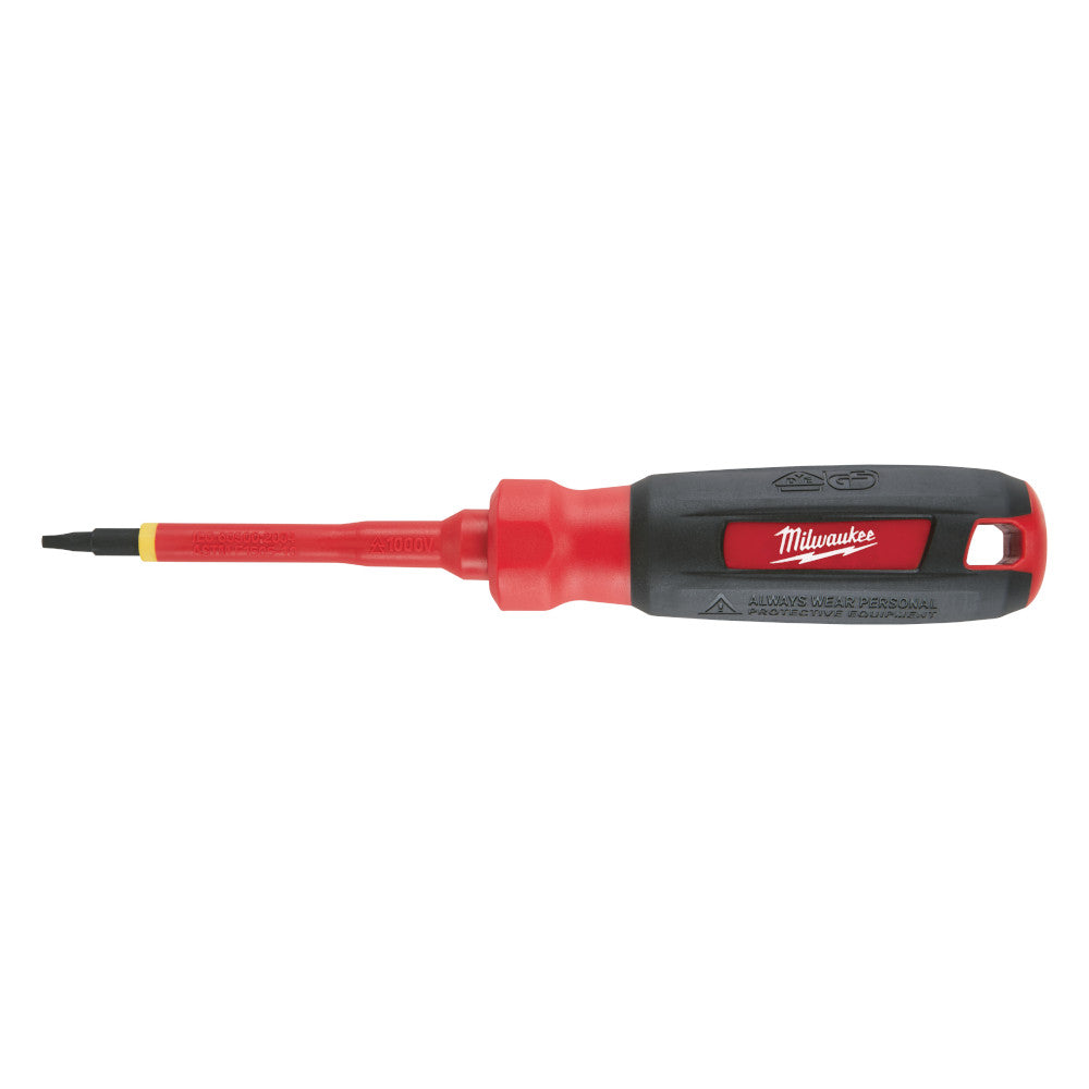 Milwaukee insulated screwdriver with red shaft, black handle, and square tip for electrical work.