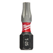 Single T25 Torx insert bit with gray tip, red Milwaukee band, and black hex socket marked "T-25".
