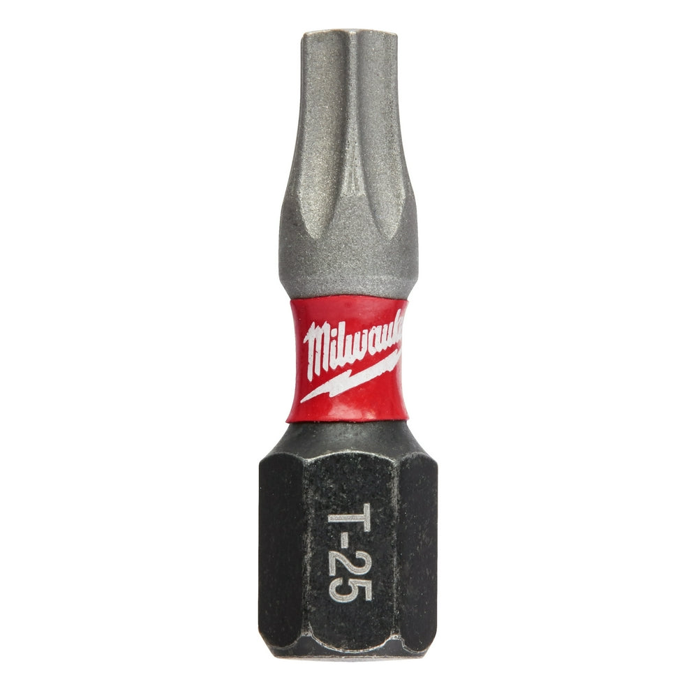 Single T25 Torx insert bit with gray tip, red Milwaukee band, and black hex socket marked "T-25".