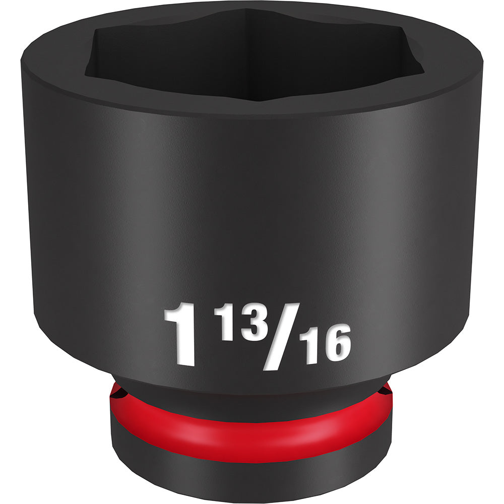 Black impact socket with 6-point opening, 1-13/16" size marked on body, red band at base.