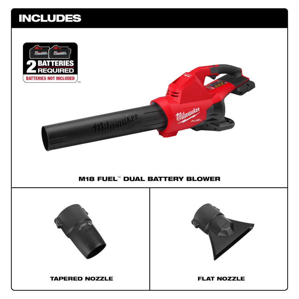 Red and black Milwaukee M18 FUEL dual battery blower with tapered and flat nozzle attachments.