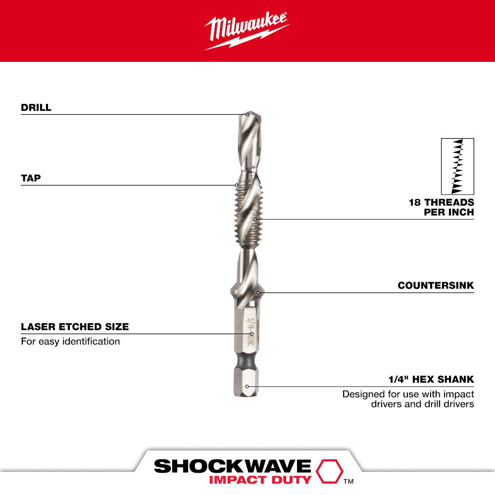Milwaukee Shockwave 5/16-18 impact drill tap with 1/4" hex shank, countersink, and laser-etched size marking.