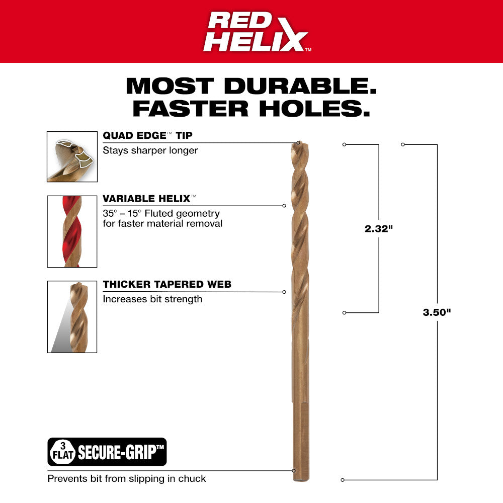Milwaukee RED HELIX cobalt drill bit, 3/16" diameter, 3.50" length with gold finish and helical flutes.