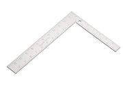 Steel carpenter square with measurement markings on two perpendicular arms forming an L-shape.