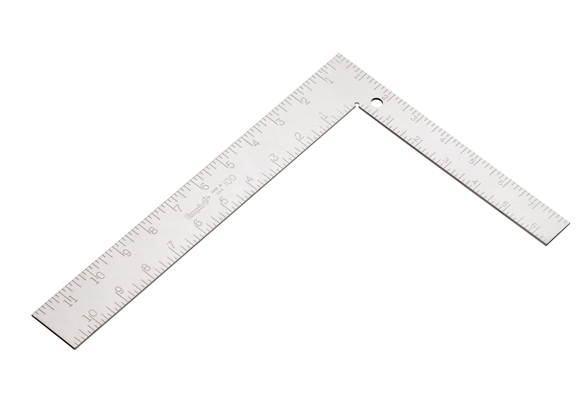 Steel carpenter square with measurement markings on two perpendicular arms forming an L-shape.