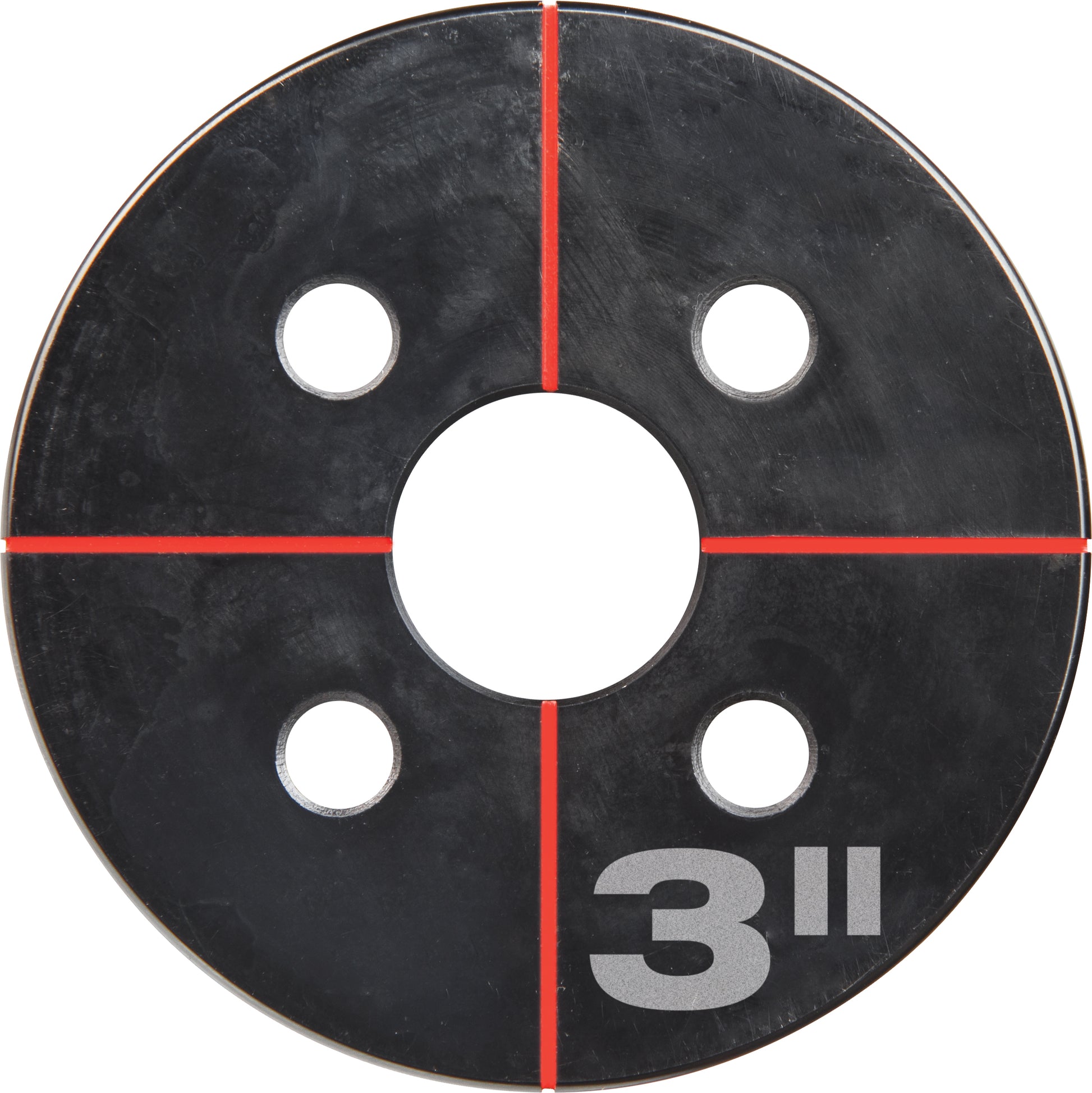 Black circular knockout set base plate with central and four surrounding holes, marked 3 inches, with red alignment lines.