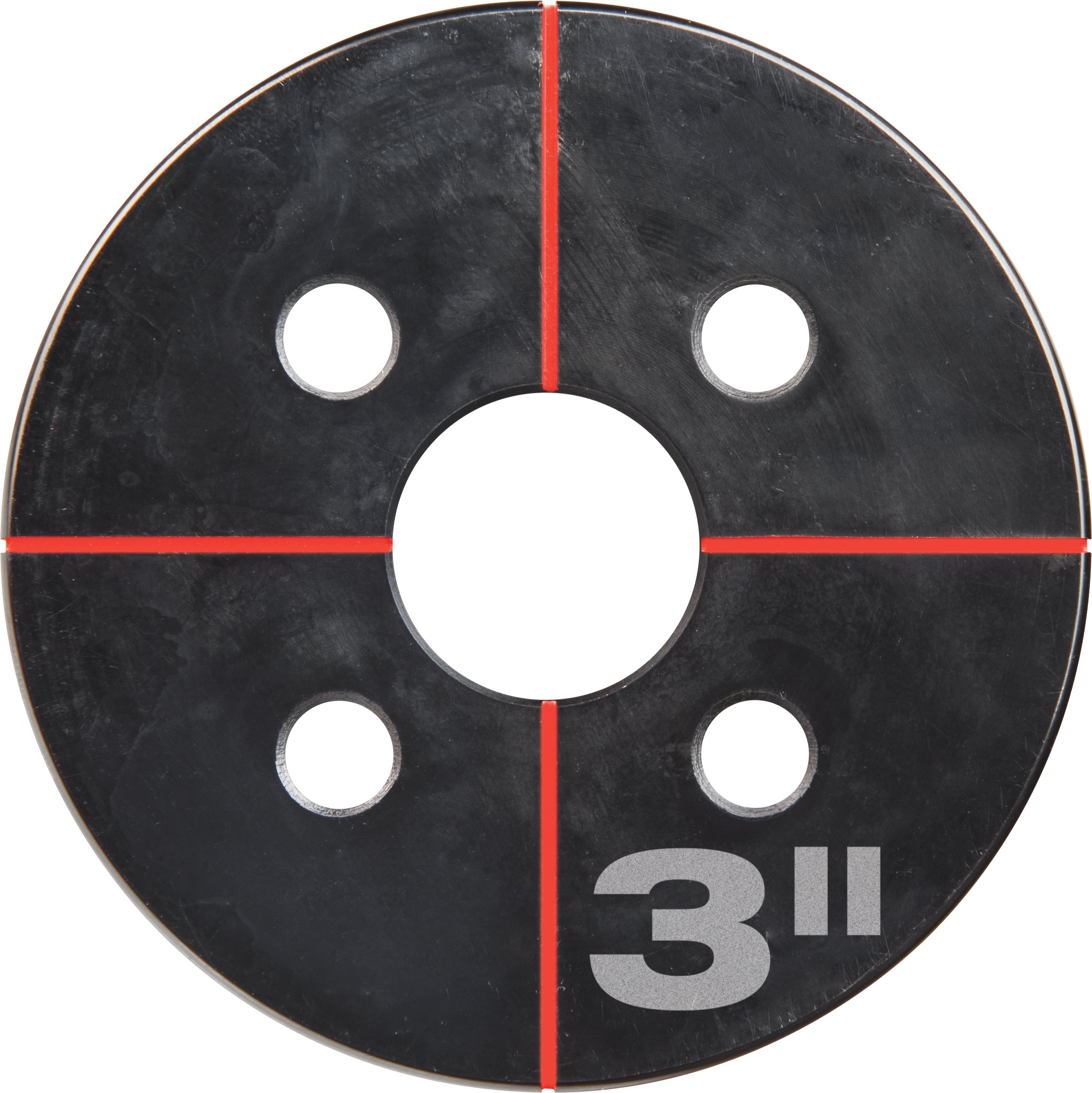 Black circular knockout set base plate with central and four surrounding holes, marked 3 inches, with red alignment lines.