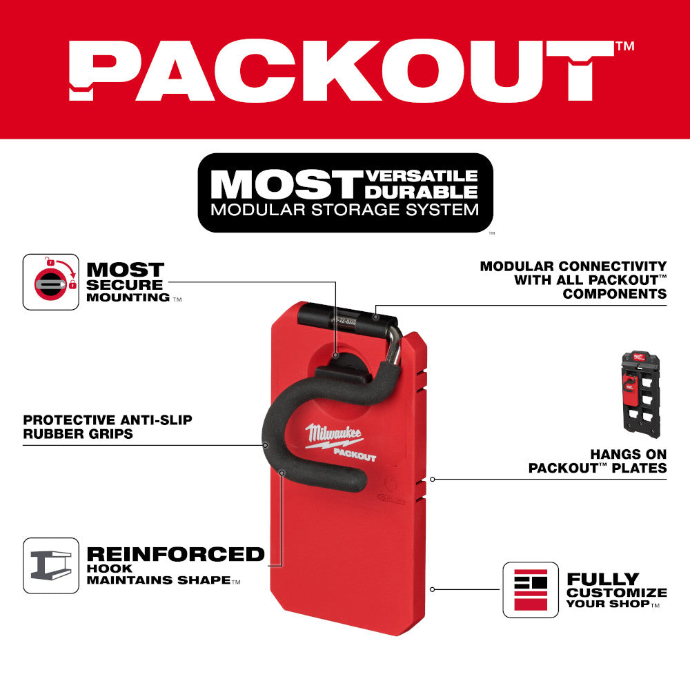 Red PACKOUT S-hook with black rubber grips, reinforced hook design, compatible with PACKOUT storage system plates.