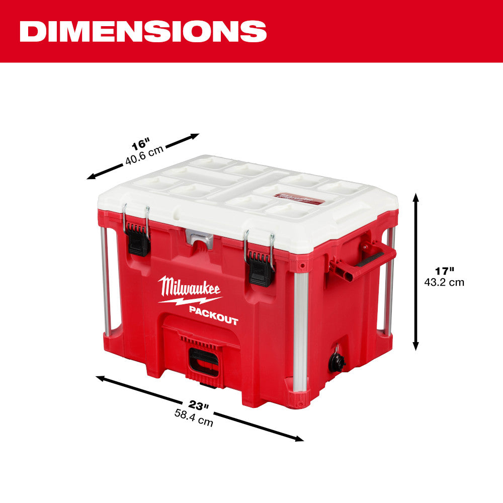 Red and white Milwaukee PACKOUT cooler with dimensions labeled: 23" width, 16" depth, and 17" height.