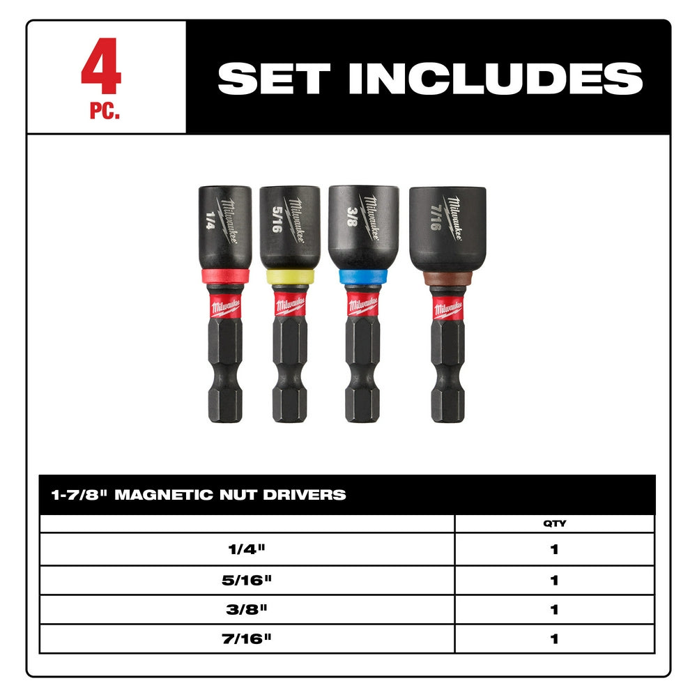 Four Milwaukee Shockwave magnetic nut drivers in 1/4", 5/16", 3/8", and 7/16" sizes with color-coded sleeves and black hex sh