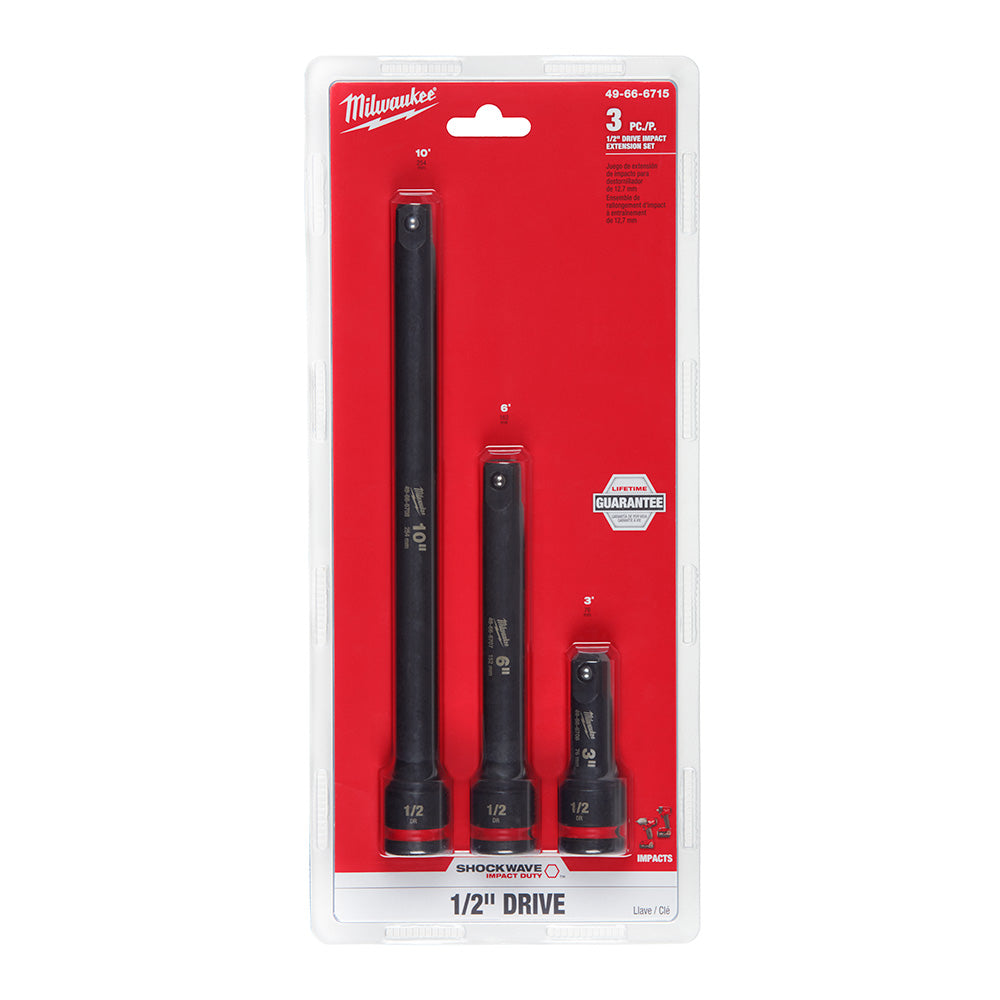 Four black Milwaukee Shockwave 1/2" drive extensions in graduated sizes displayed on red card packaging.