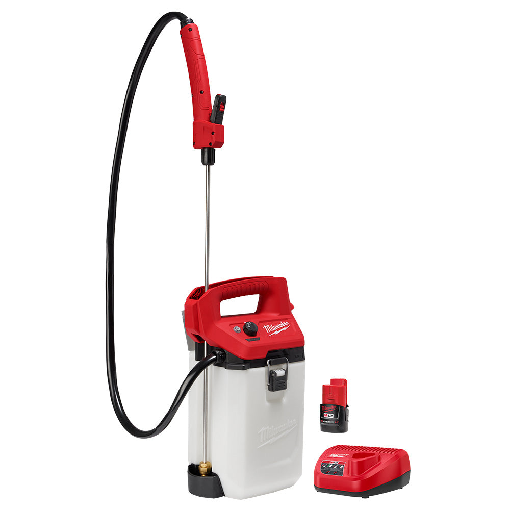 Red and white M12 handheld sprayer with black hose, spray wand, battery, and charger included.