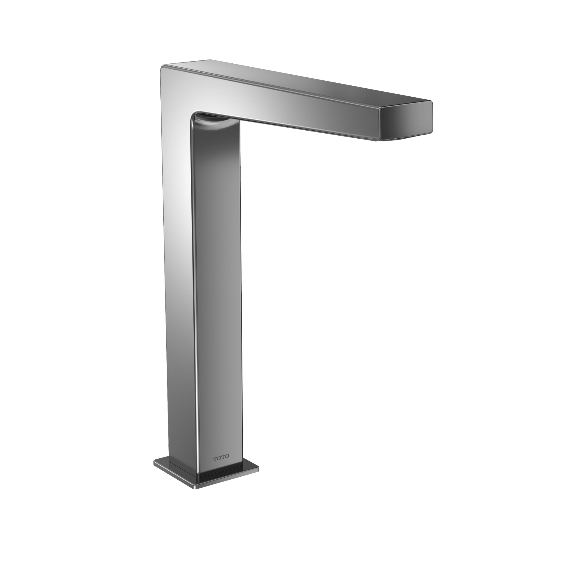 Polished chrome touchless vessel faucet with tall rectangular base and curved spout extending right.