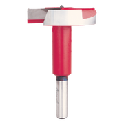 Red and silver Forstner bit with wide circular cutting head and cylindrical shank for drilling flat-bottomed holes.