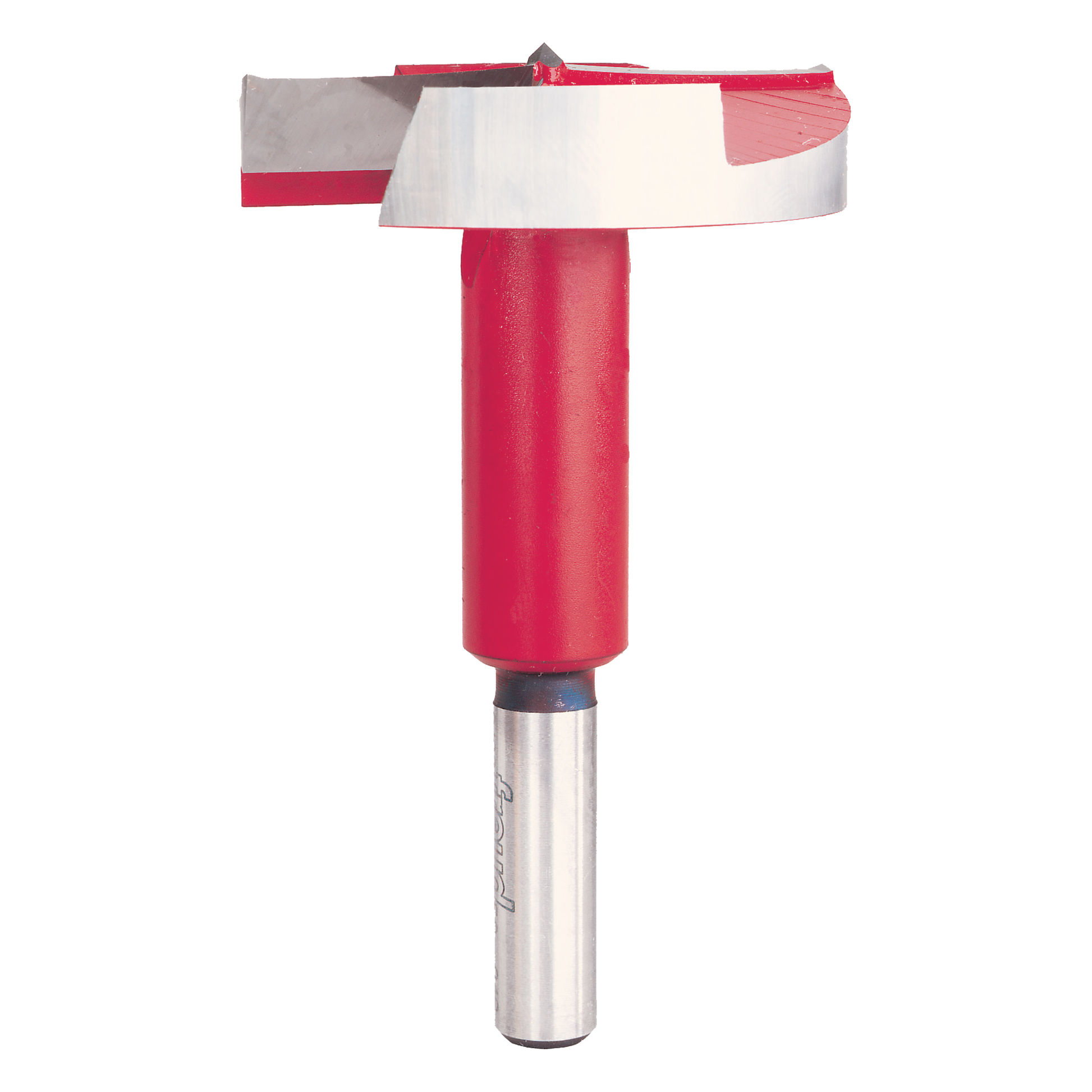 Red and silver Forstner bit with wide circular cutting head and cylindrical shank for drilling flat-bottomed holes.