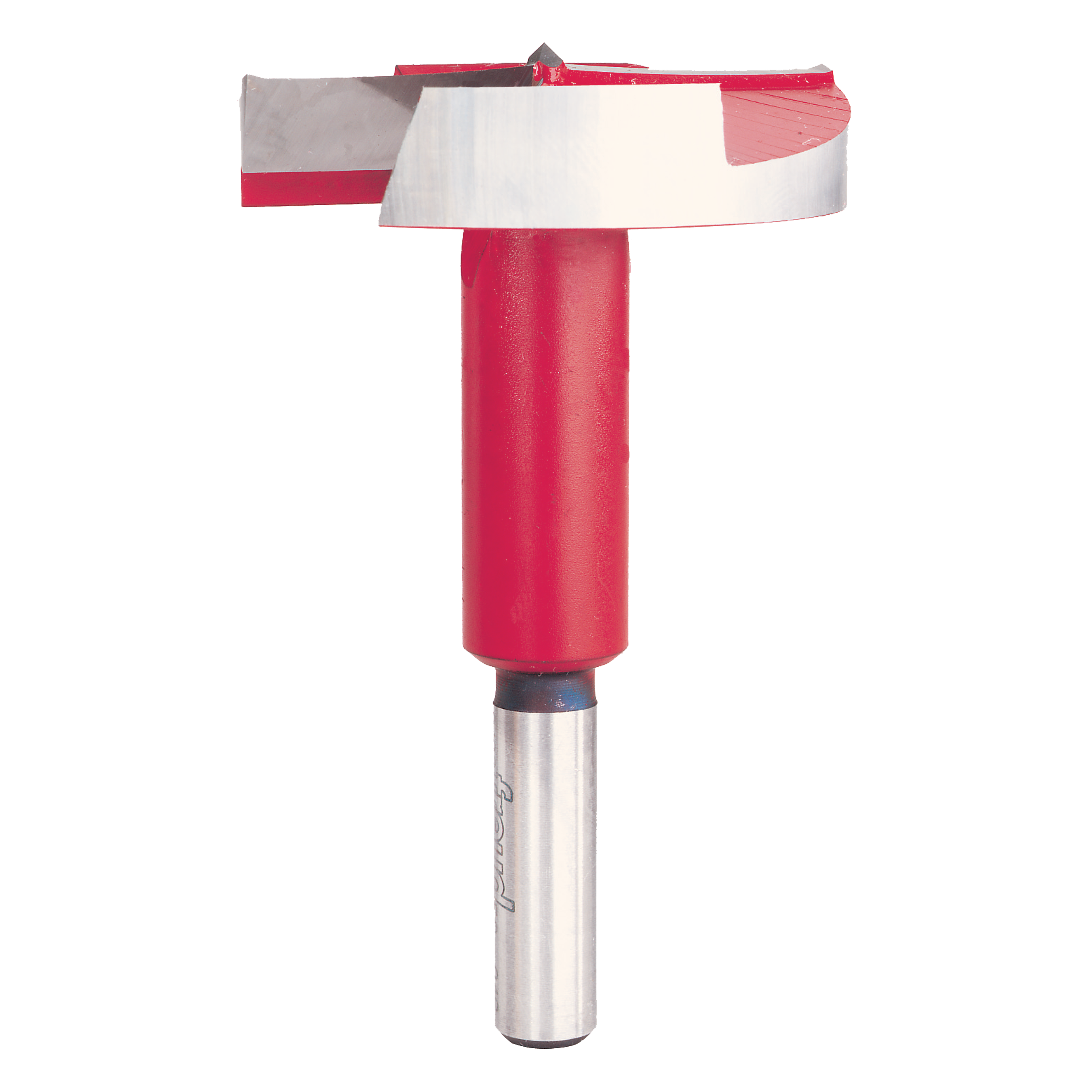 Red and silver Forstner bit with wide circular cutting head and cylindrical shank for drilling flat-bottomed holes.