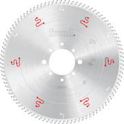 Silver circular saw blade with white center hole, Freud branding, red symbols around perimeter, and fine teeth around the edg