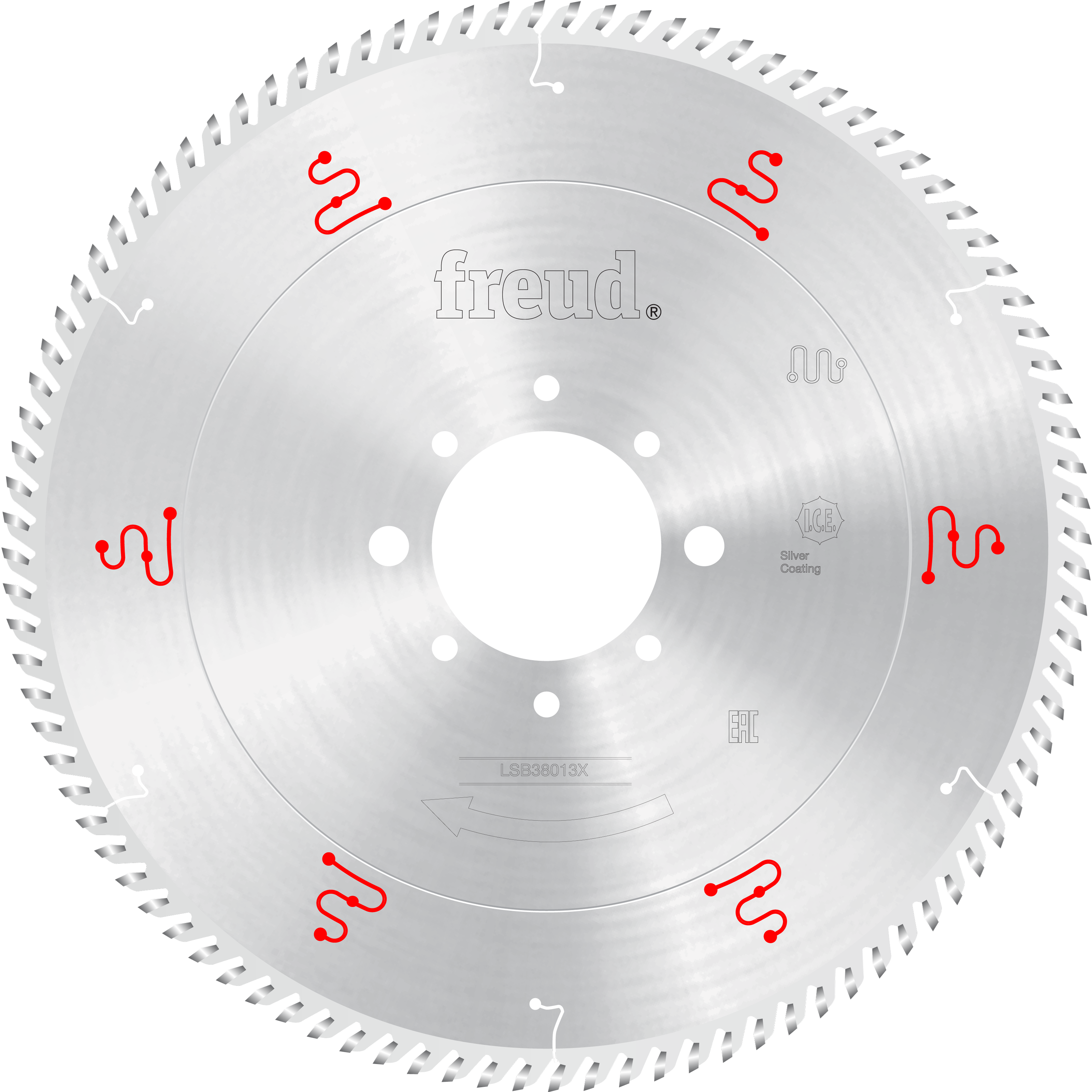 Silver circular saw blade with white center hole, Freud branding, red symbols around perimeter, and fine teeth around the edg