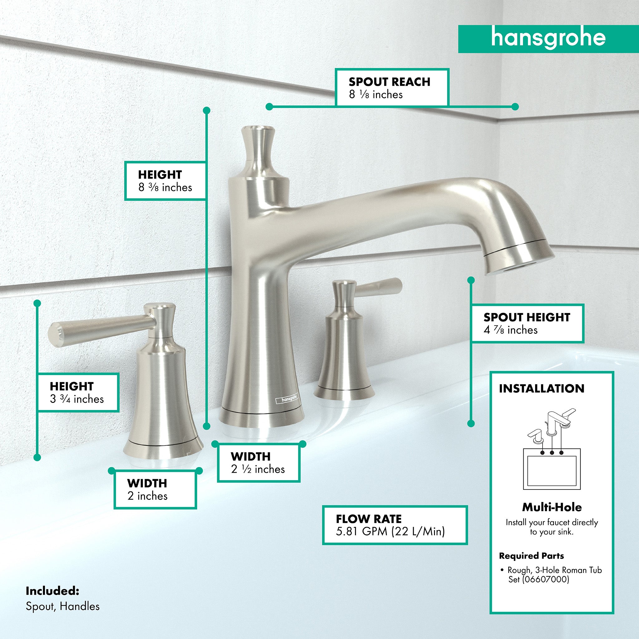 Hansgrohe Joleena brushed nickel 3-hole roman tub set with curved spout and lever handles.
