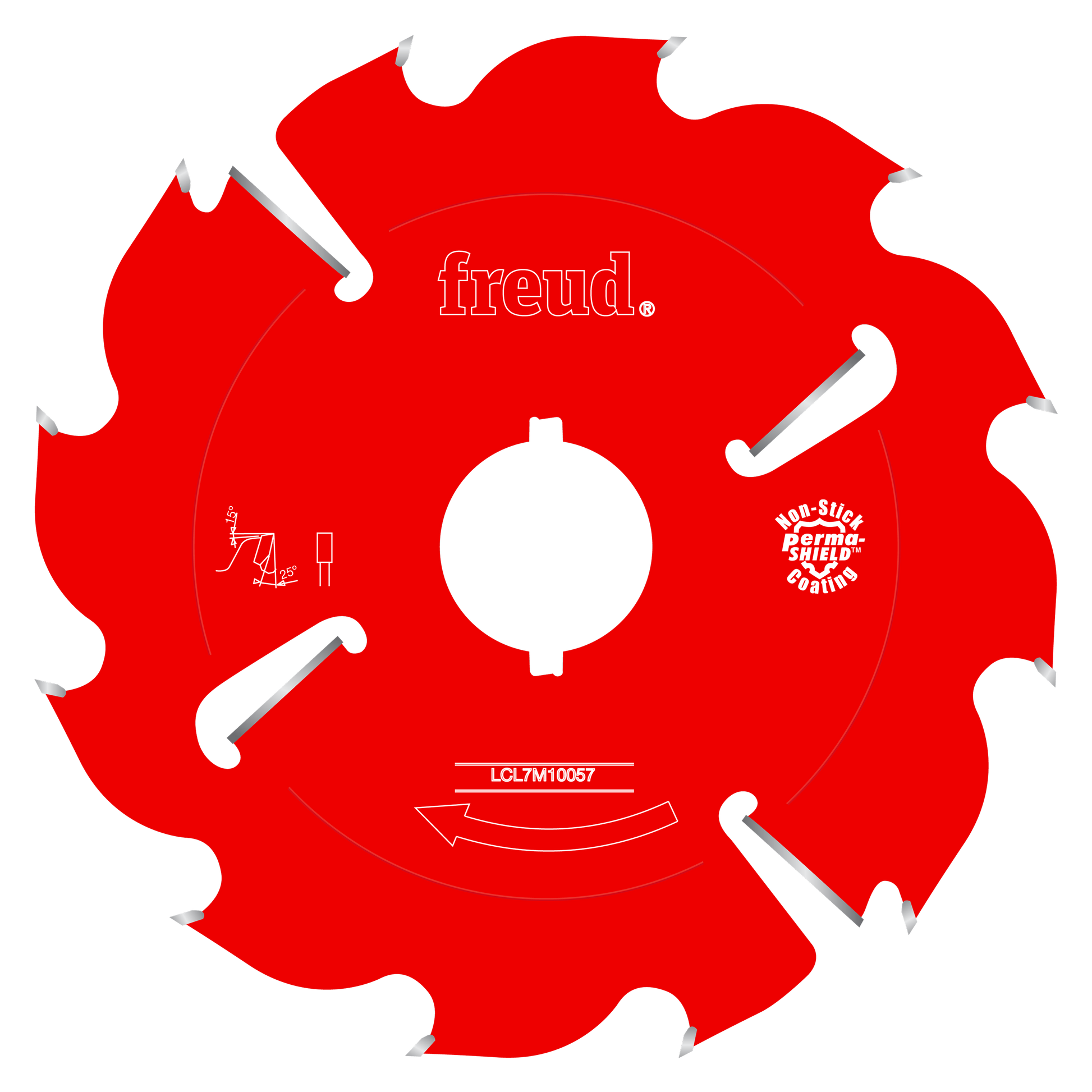 Red circular saw blade with silver teeth and white center hole, labeled Freud LCL7M10057.