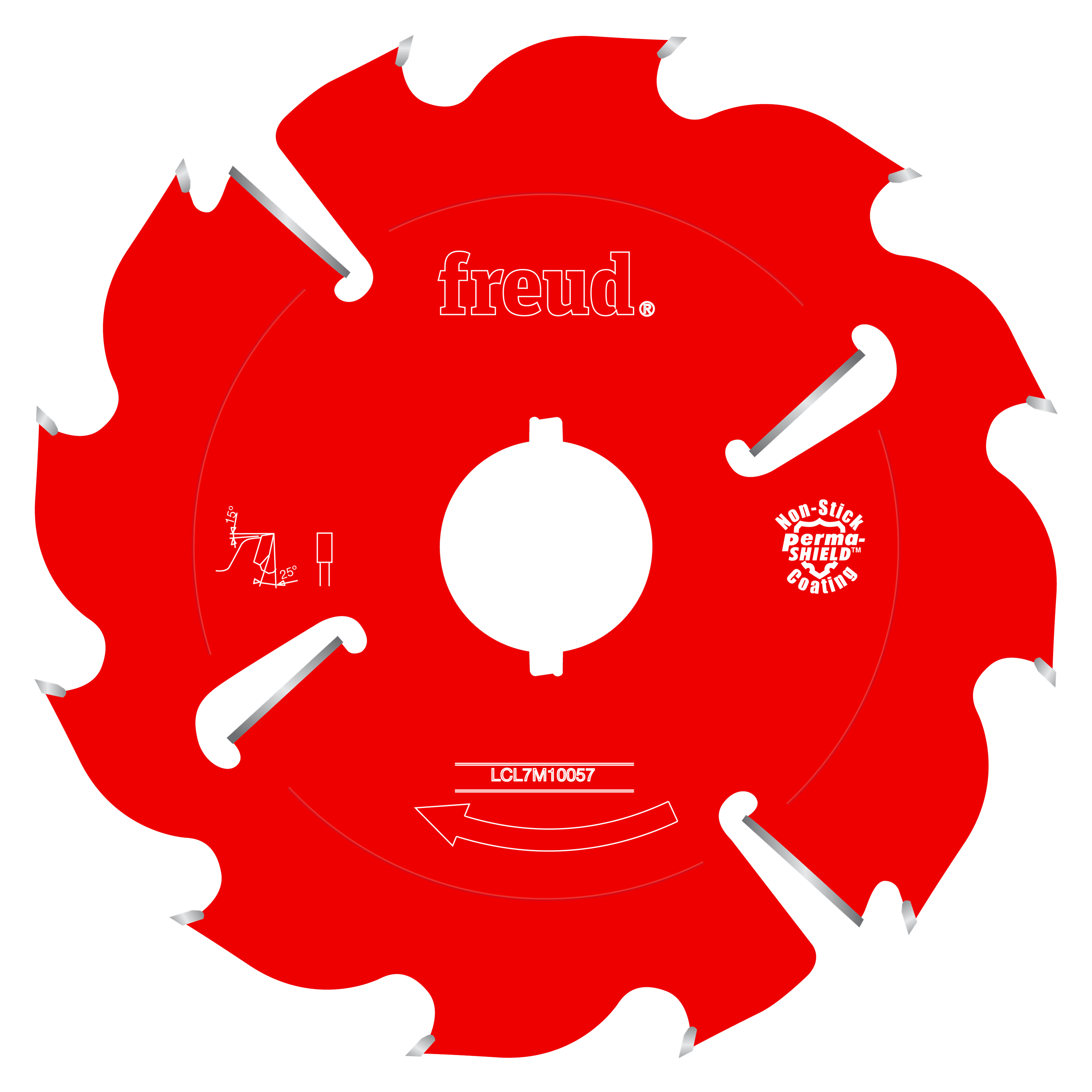 Red circular saw blade with silver teeth and white center hole, labeled Freud LCL7M10057.