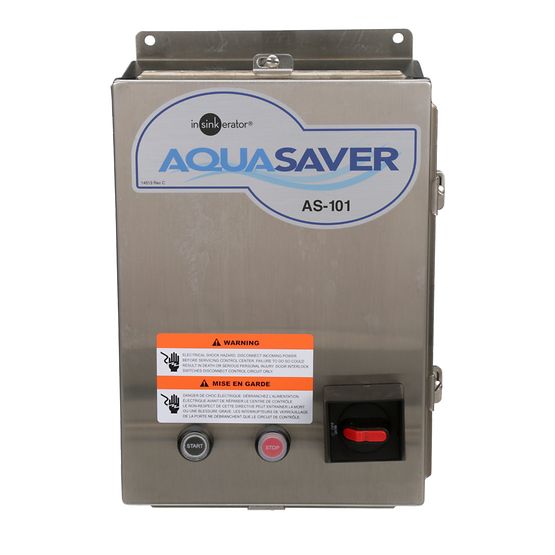 Stainless steel InSinkErator Aqua Saver AS-101 control system with warning labels and red power switch.