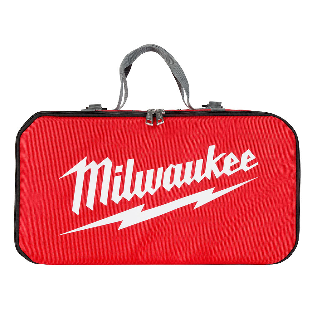 Red storage bag with Milwaukee logo and white lightning bolt design, gray carry handles, and black trim.