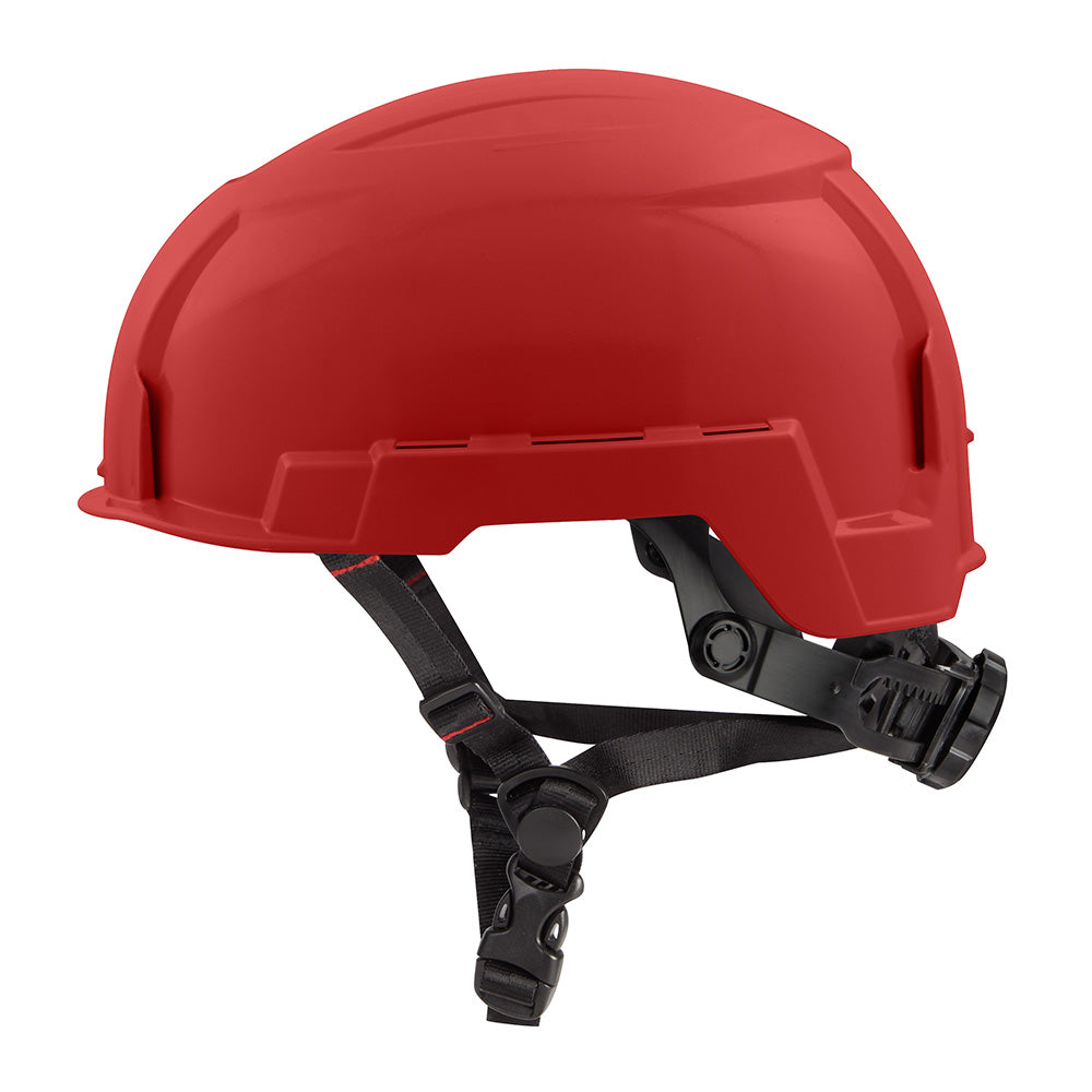 Red safety helmet with black chin straps and adjustment buckles.