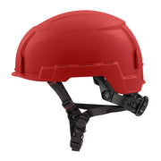 Red safety helmet with black chin straps and adjustment buckles.