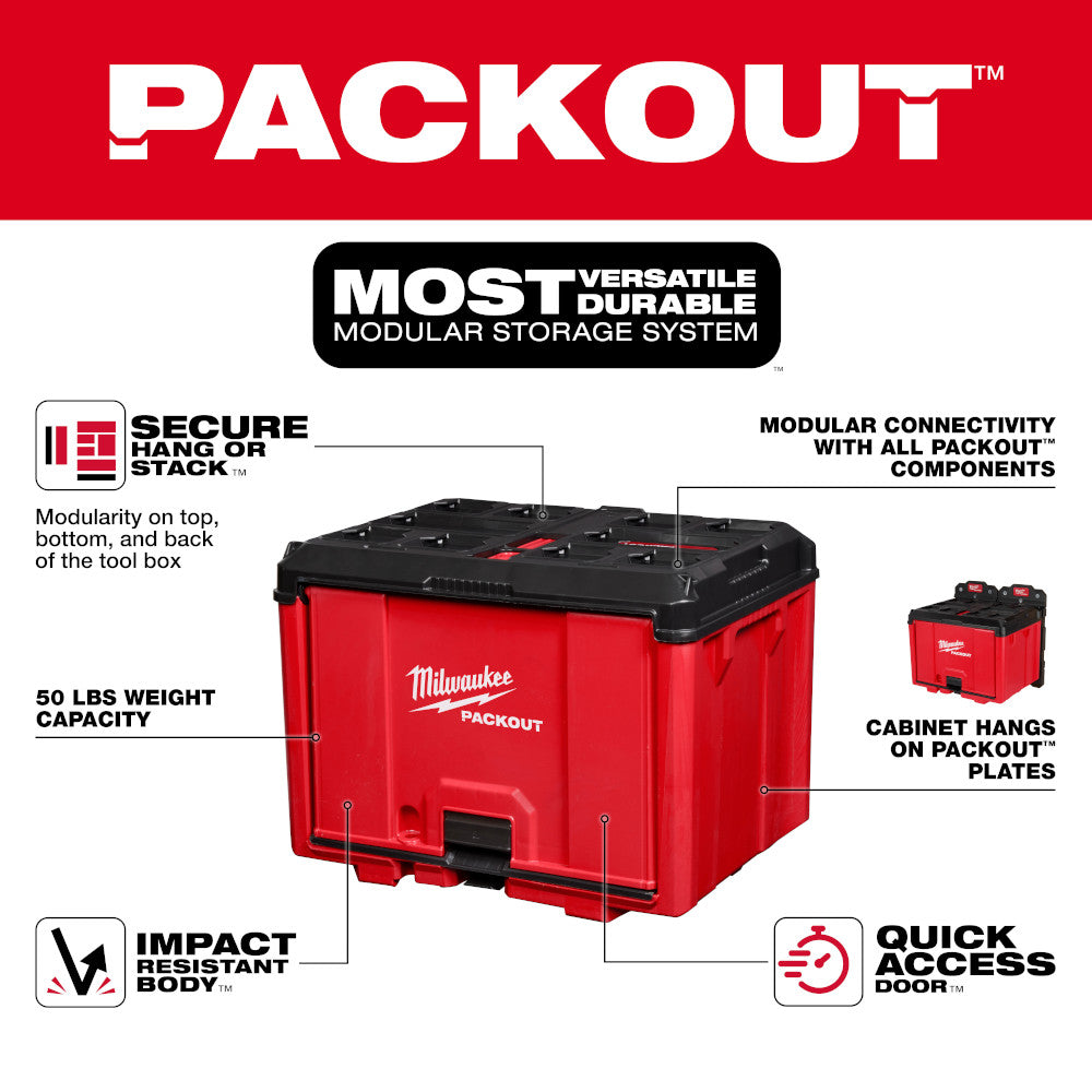 Red and black Milwaukee PACKOUT modular storage cabinet with black lid and front access door.