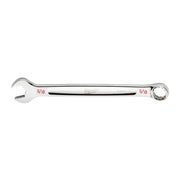 Silver Milwaukee combination wrench with open end on left and circular ring end on right, marked 9/16 in SAE.
