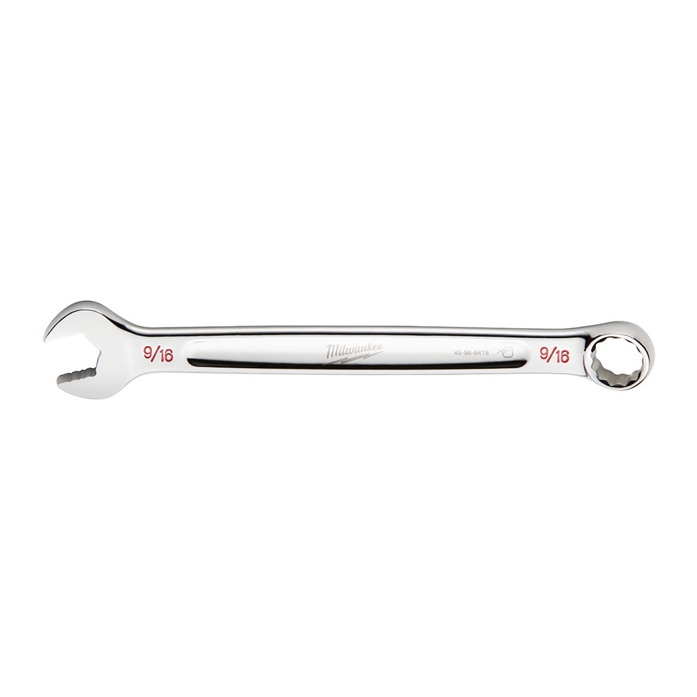 Silver Milwaukee combination wrench with open end on left and circular ring end on right, marked 9/16 in SAE.