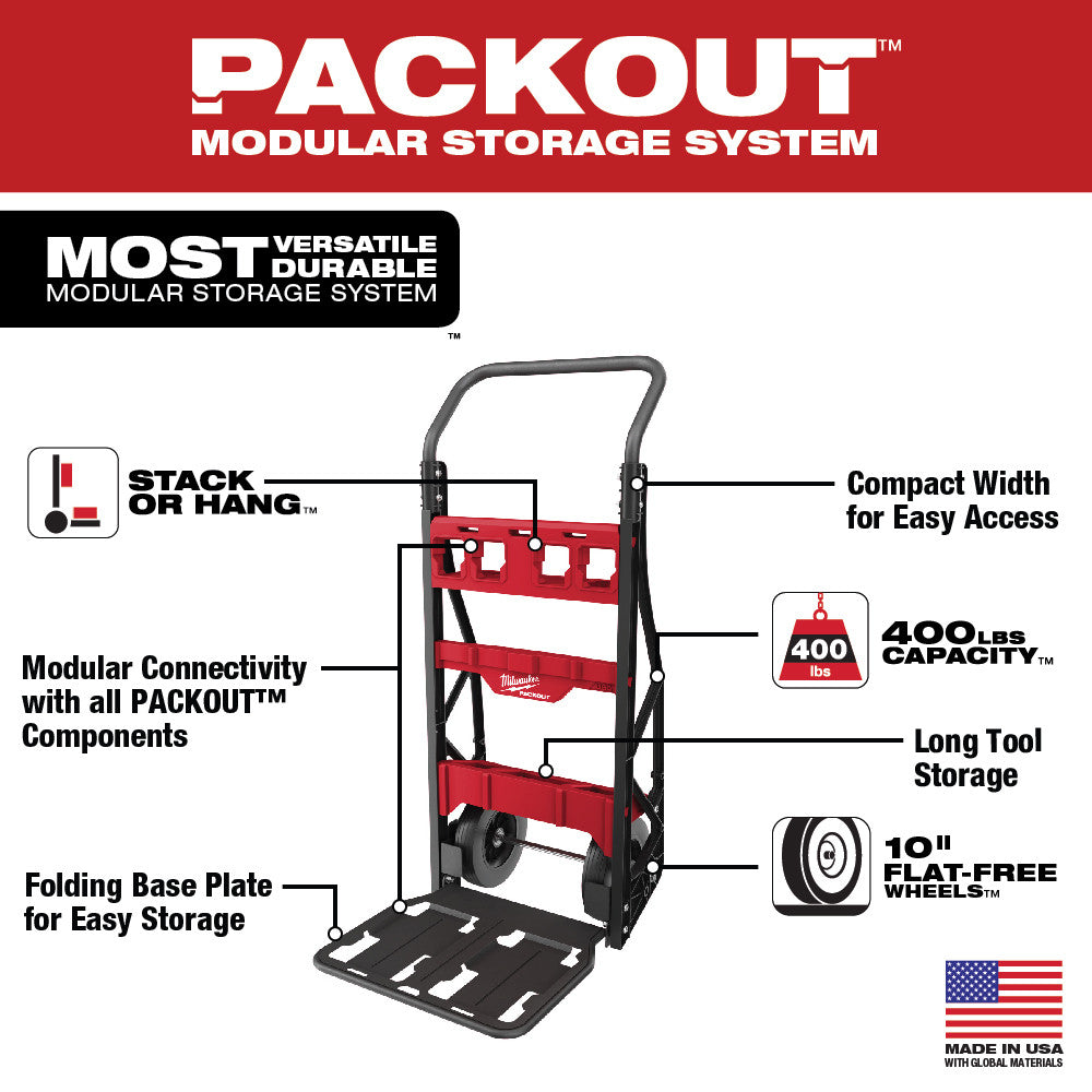 Red and black two-wheel cart with three storage shelves, gray handles, and 10-inch wheels for tool transport.
