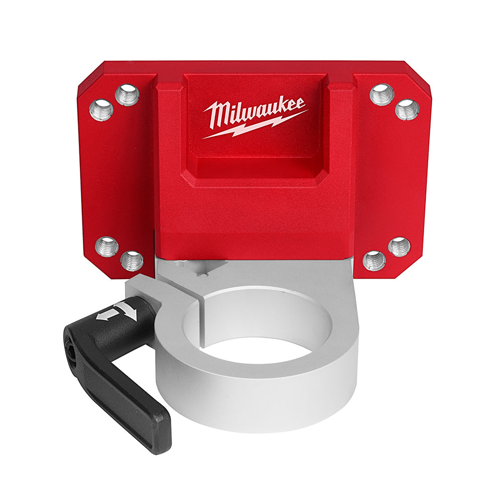 Red Milwaukee core drill mounting plate with white circular collar and black lever clamp, featuring multiple bolt holes.