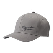 Gray fitted baseball cap with Milwaukee logo embroidered on front.
