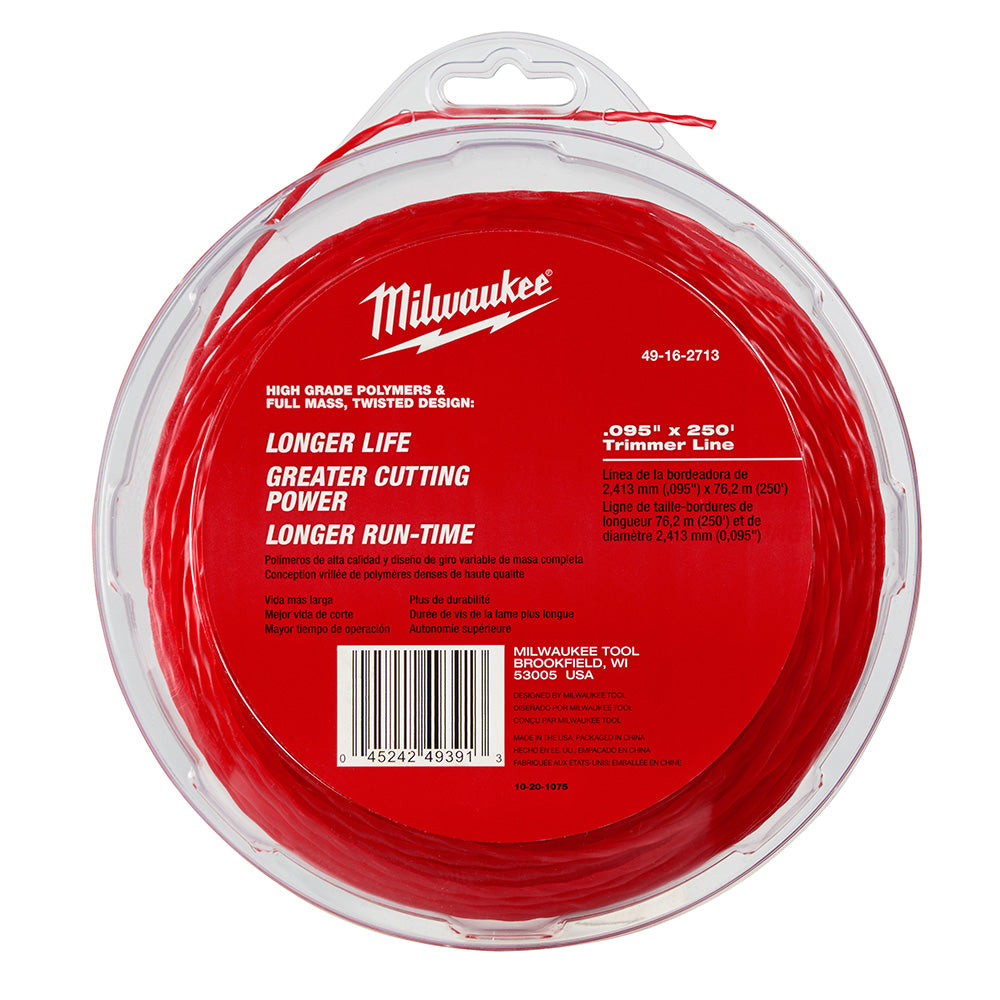 Red circular spool of Milwaukee trimmer line wound on clear plastic hub with handle, labeled with product specifications.